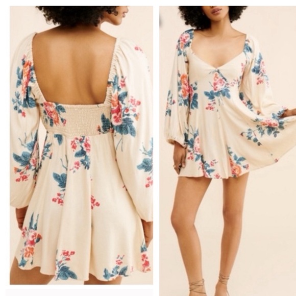 FRE PEOPLE FRANCESCA FLORAL LONG SLEEVE MINI DRESS SMALL - Picture 2 of 9